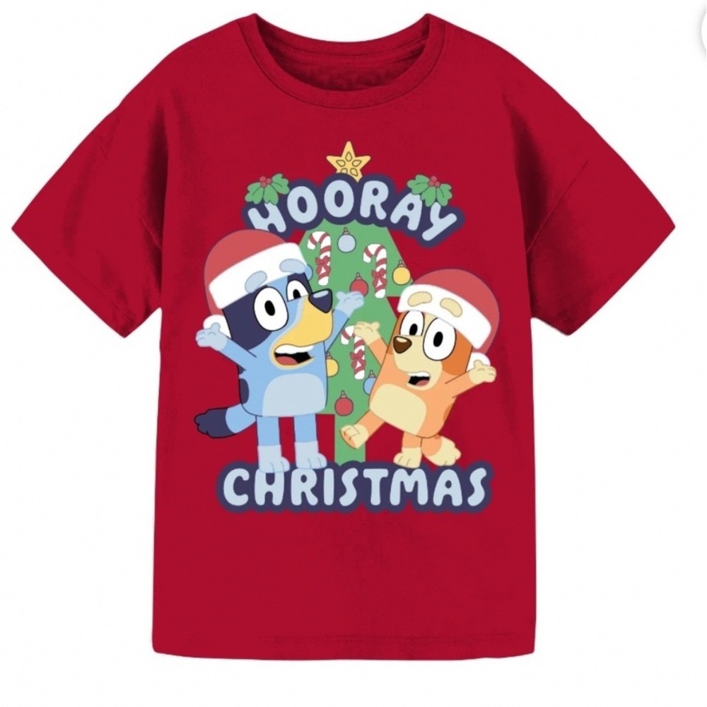 Bluey Kids Medium Christmas T Shirt‎ Red Hooray Christmas Graphic NWT Holiday